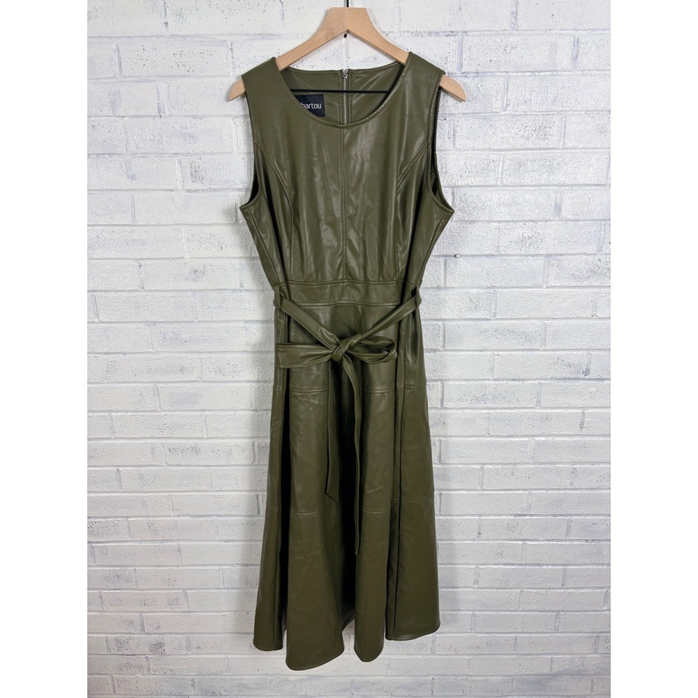 Chartou Faux Leather Midi Dress Womens XL Olive Green Belted Fit Flare Vegan